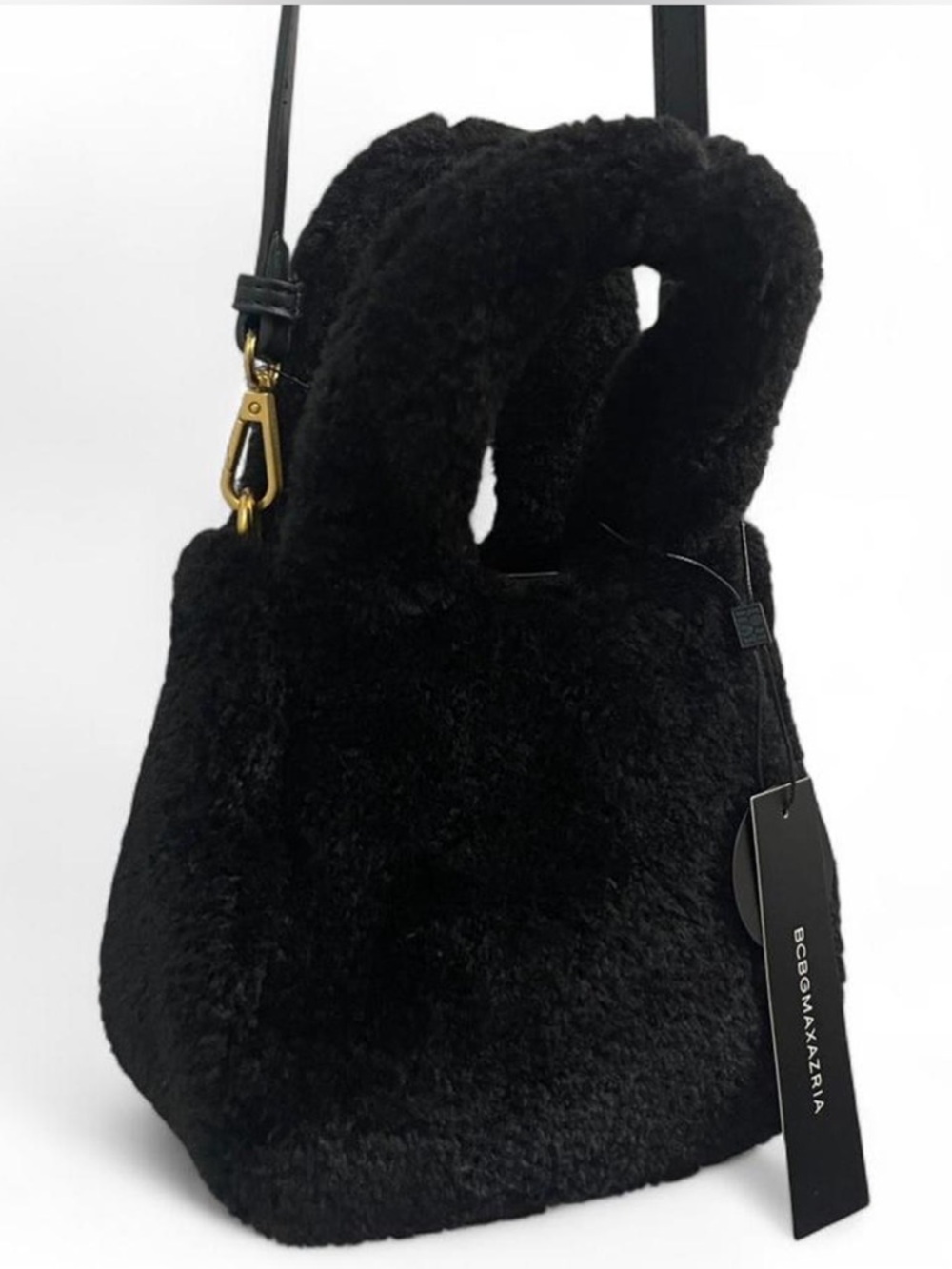 BCBG Black Faux Fur Mini Teddy Tote Bucket Bag Purse with Detachable Strap